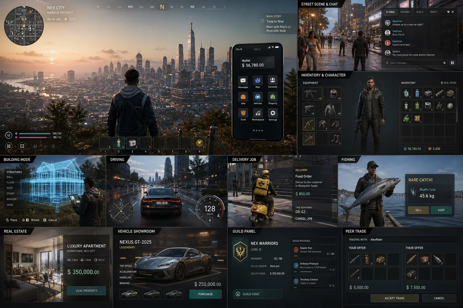 Genesis World UI concept - HUD, inventory, jobs, marketplace, trading